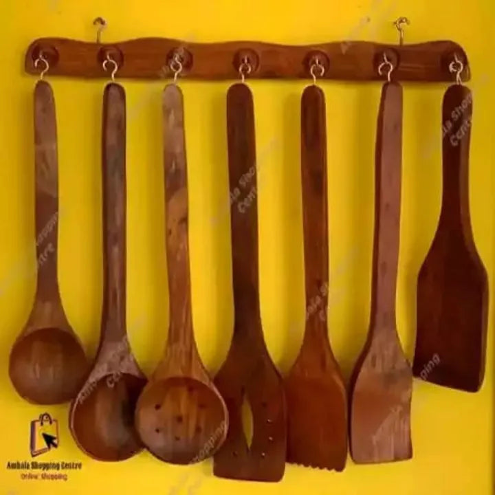 Wooden Spoon Set - 7 Spoon - 1 Wall Hanging Stand